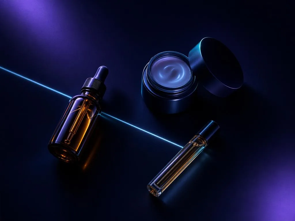 Beauty flat-lay — serum, fragrance and skincare composition on a navy surface