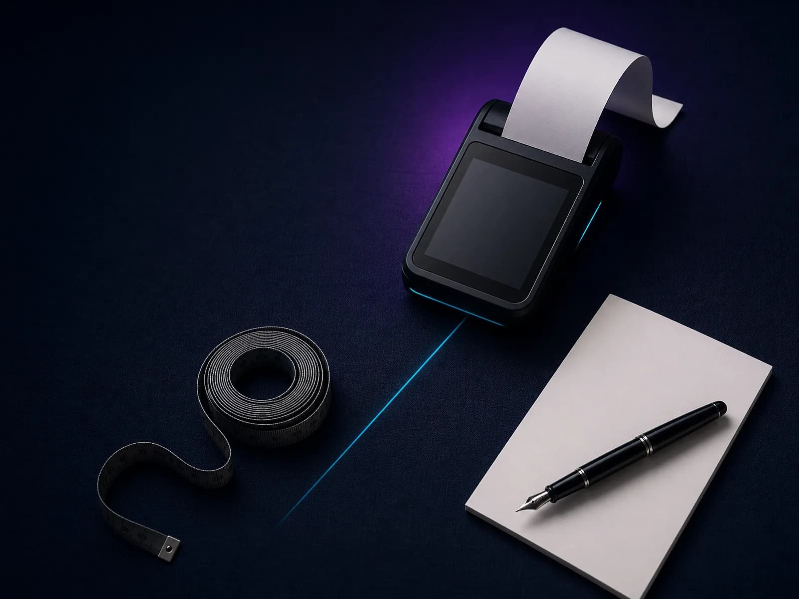 UK retail flat-lay — paid-media tools and reporting on a navy surface