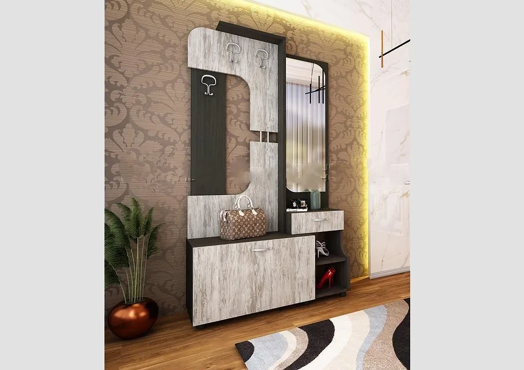 Hallway coat-rack and mirror unit from Mebeli Largo, styled in a hallway setting