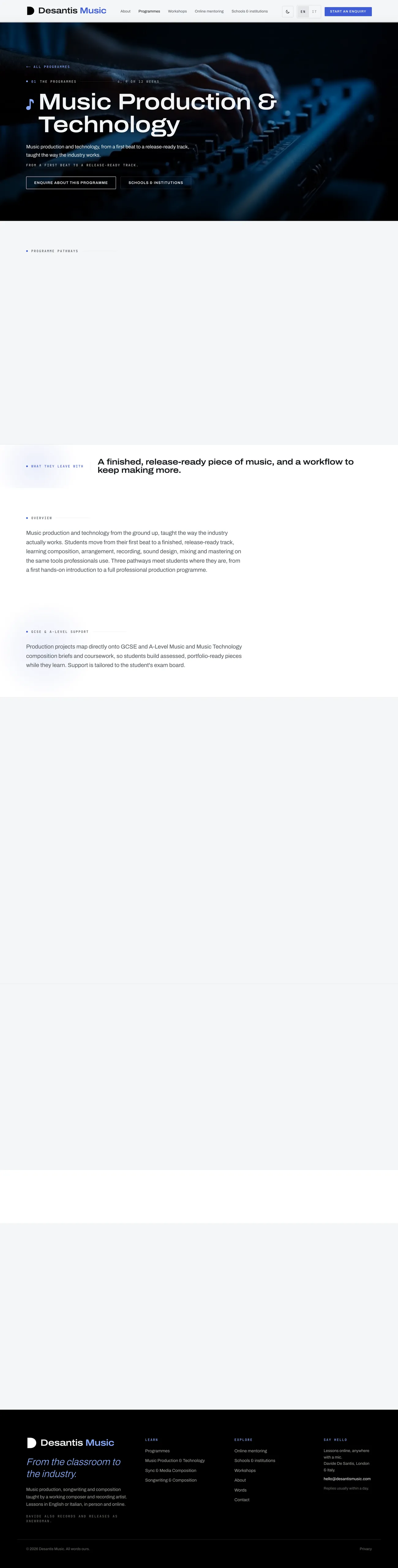 Music production page on the De Santis Music site, with a playable step-sequencer drum machine