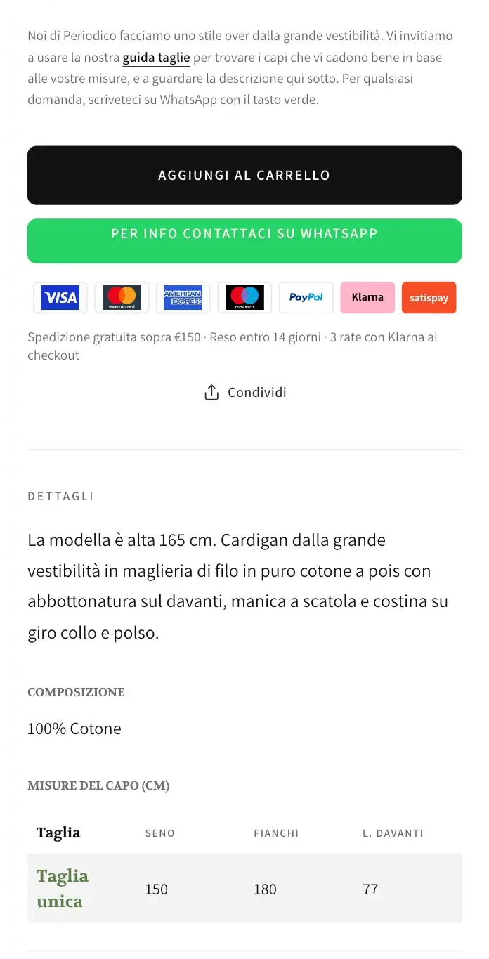 Buy controls, payment options and the auto-structured measurement table on mobile