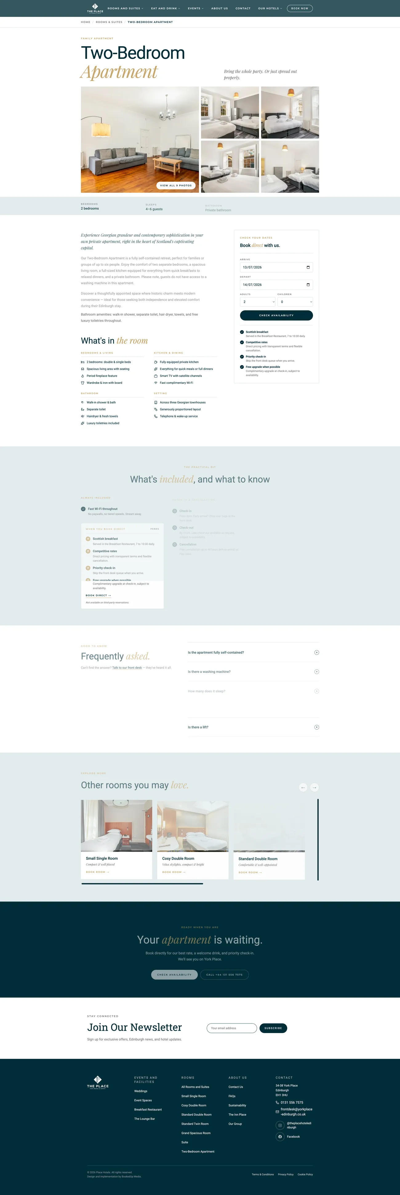 A two-bedroom apartment room page on the new The Place Hotels website, on desktop