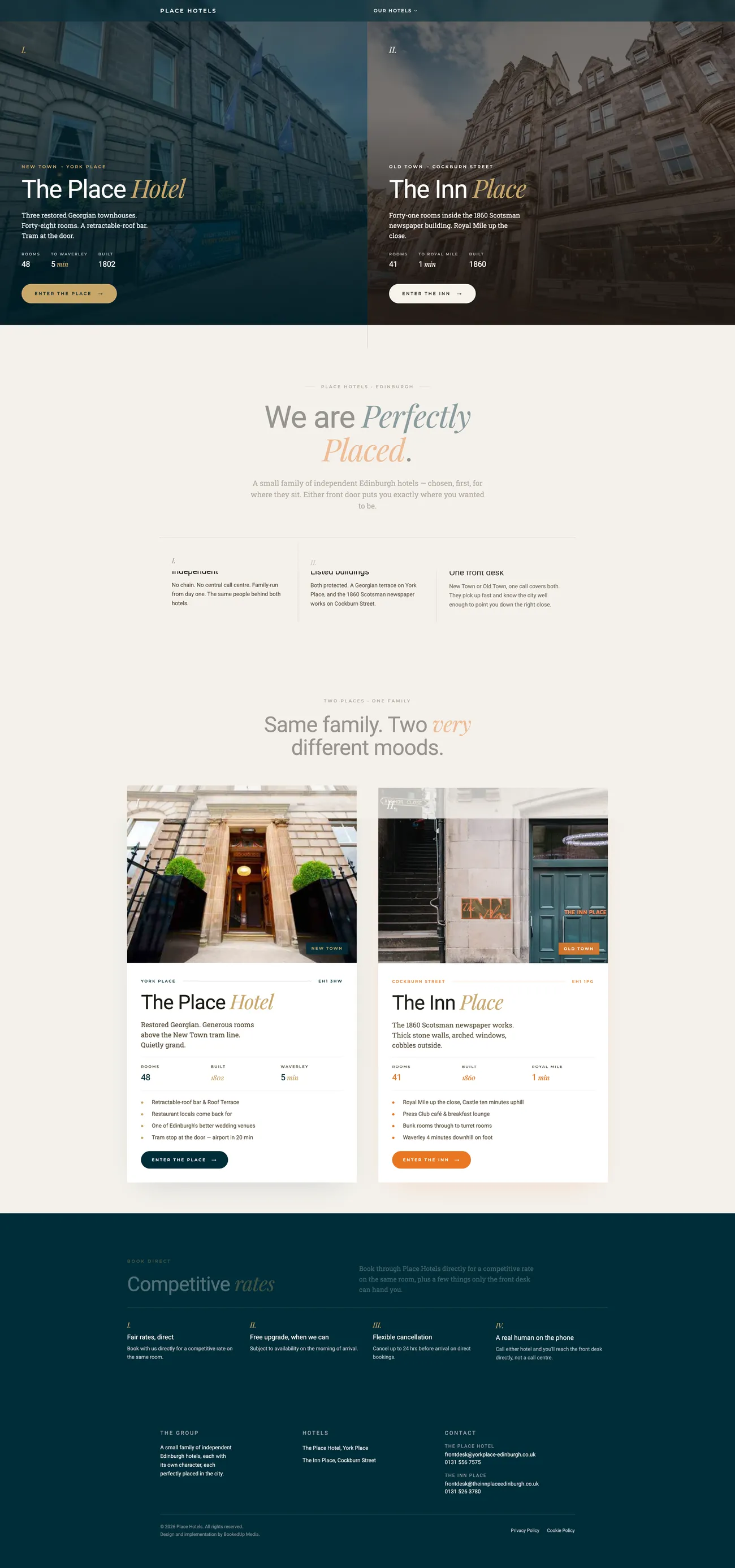 The Place Hotels new multi-page website homepage on desktop, a split hero routing guests to The Place Hotel or The Inn Place with direct booking