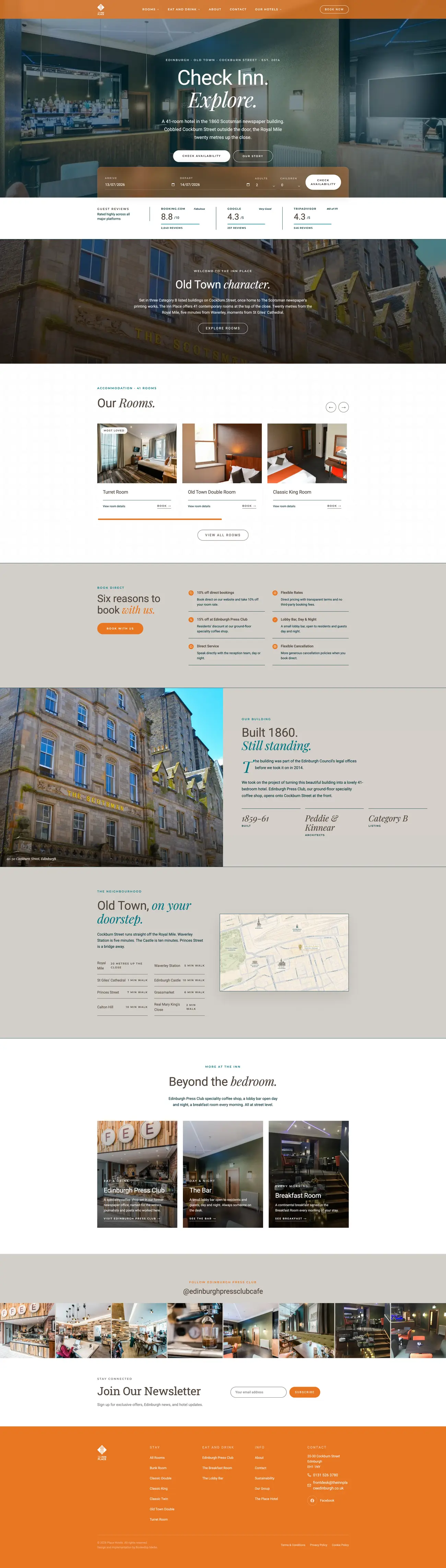 The Inn Place individual property page on desktop, showcasing the Old Town Cockburn Street Edinburgh hotel with direct booking