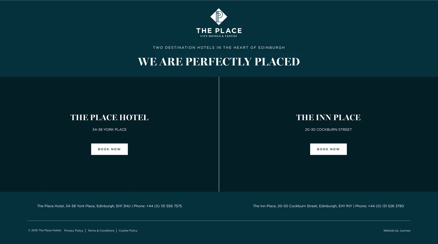 The Place Hotels one-page holding site from 2019, showing minimal brand text with no rooms, no story and no direct booking capability