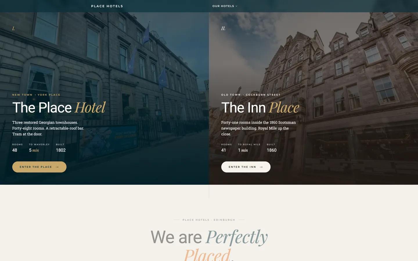 Homepage of The Place Hotels website on desktop